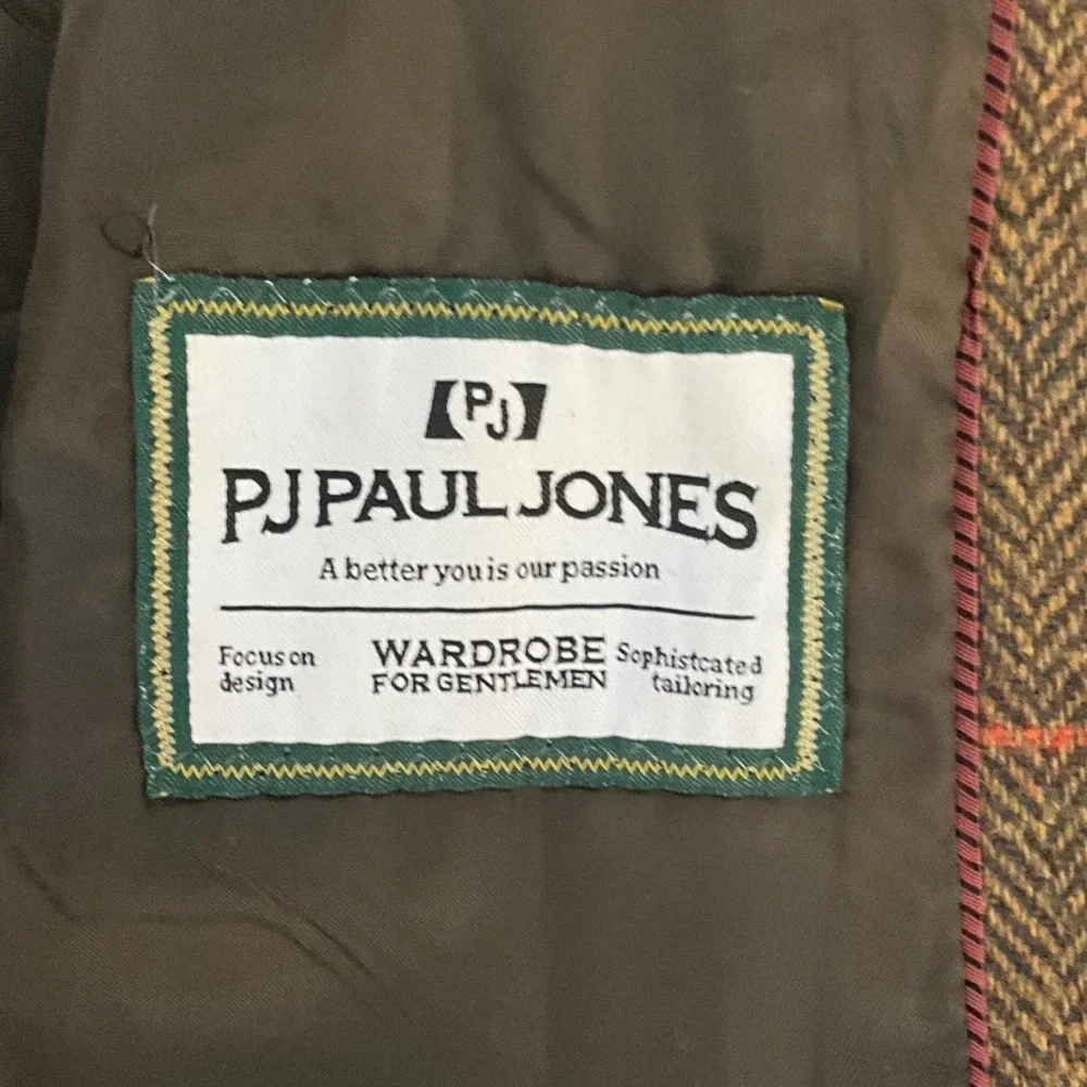 PJ Paul Jones Mens Tweed Plaid Wool Blend Blazer Elbow Patch Brown Size S Jacket